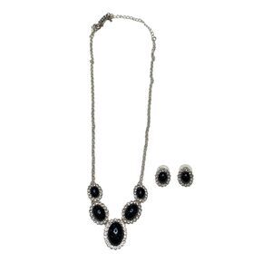 Vintage Black Cabochon Rhinestone Necklace Earrings Set Silver Tone Statement